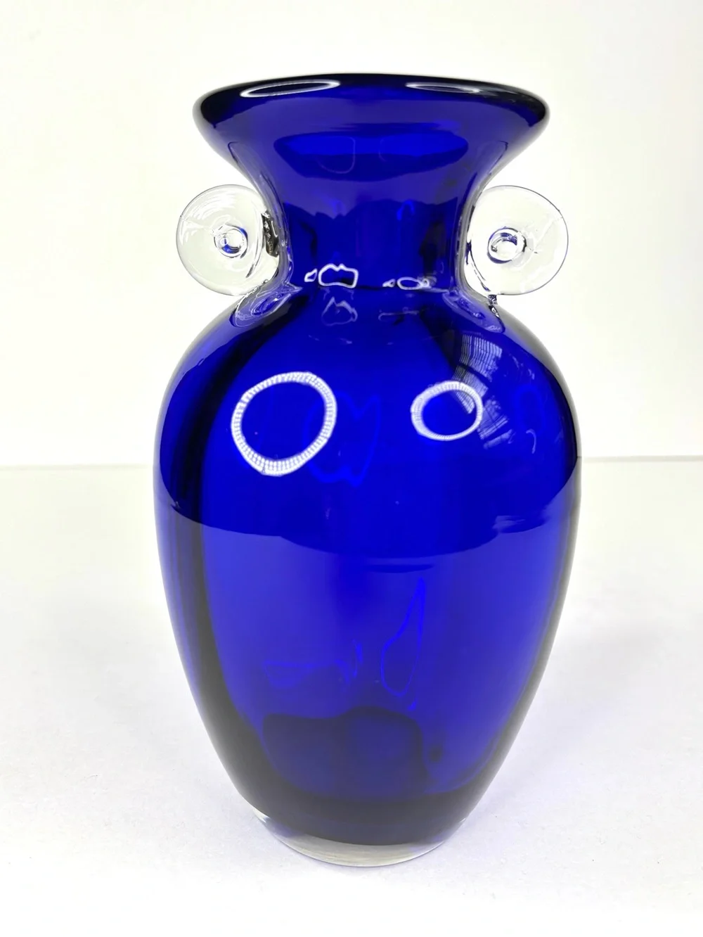Vintage Cobalt Blue Art Glass Blenko Vase Clear Scroll Handles - Picture 10 of 10
